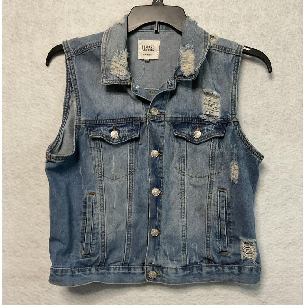 Almost Famous Vest‎ Womens Large Blue Distressed Denim Button Front Sleeveless